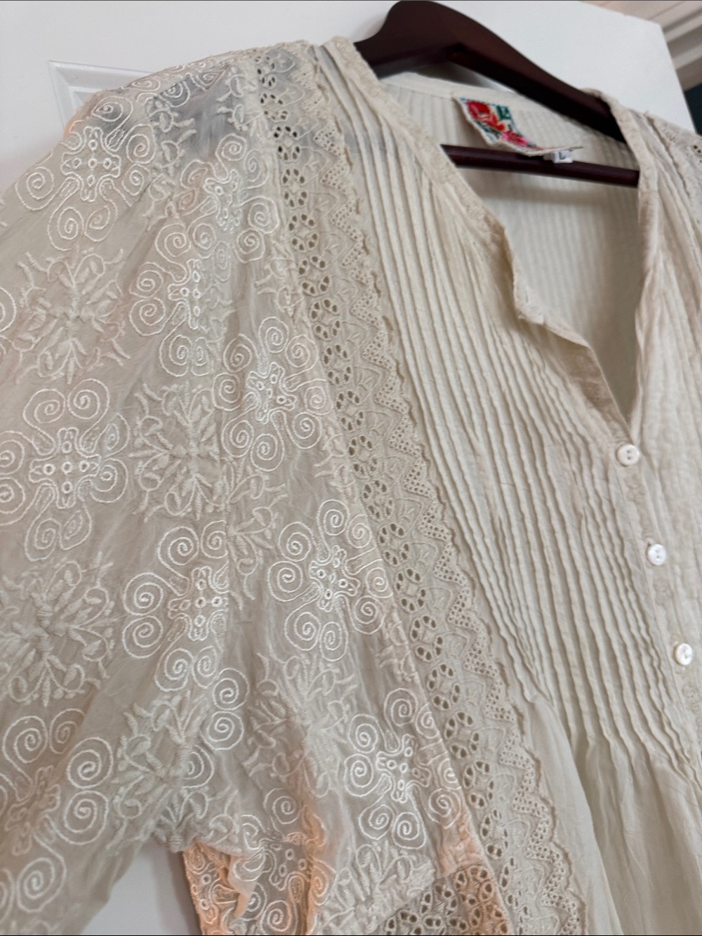 Johnny Was Cream Lace & Pintuck Button-Front Blouse - Picture 3 of 12